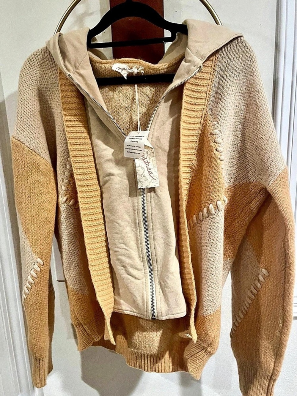 Mystree Hooded Geometric Zip Sweater in Brown & Cream NWT